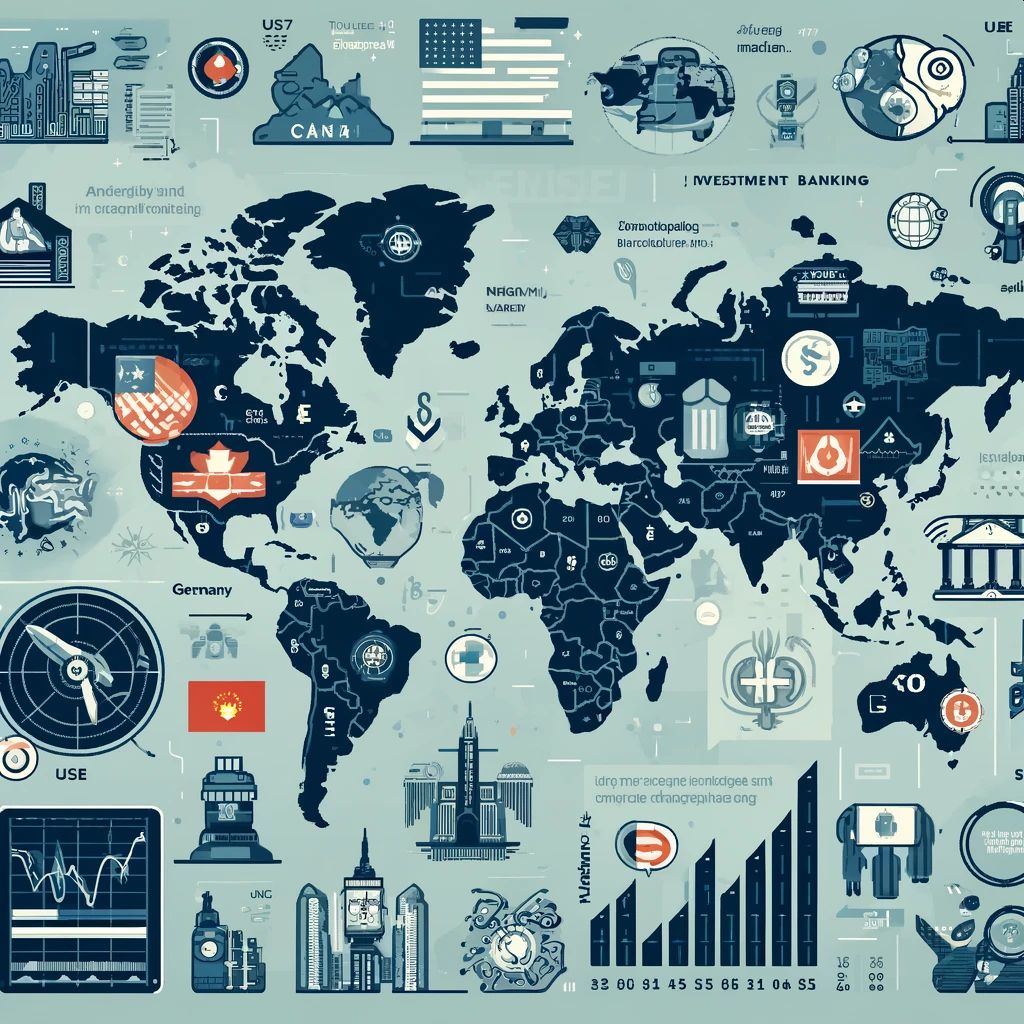 The infographic has been created to visually represent the key global regions driving growth in investment banking. It includes detailed maps and icons for North America, Asia-Pacific, Europe, the Middle East, and Latin America, highlighting countries like the USA, Canada, China, Japan, the UK, Germany, UAE, Saudi Arabia, Brazil, and Mexico. 